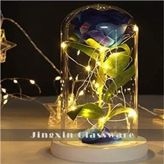 Prozirni stakleni poklopac s visokim boroilikatom s crnom drvenom podlogom za izložbu cvijeća